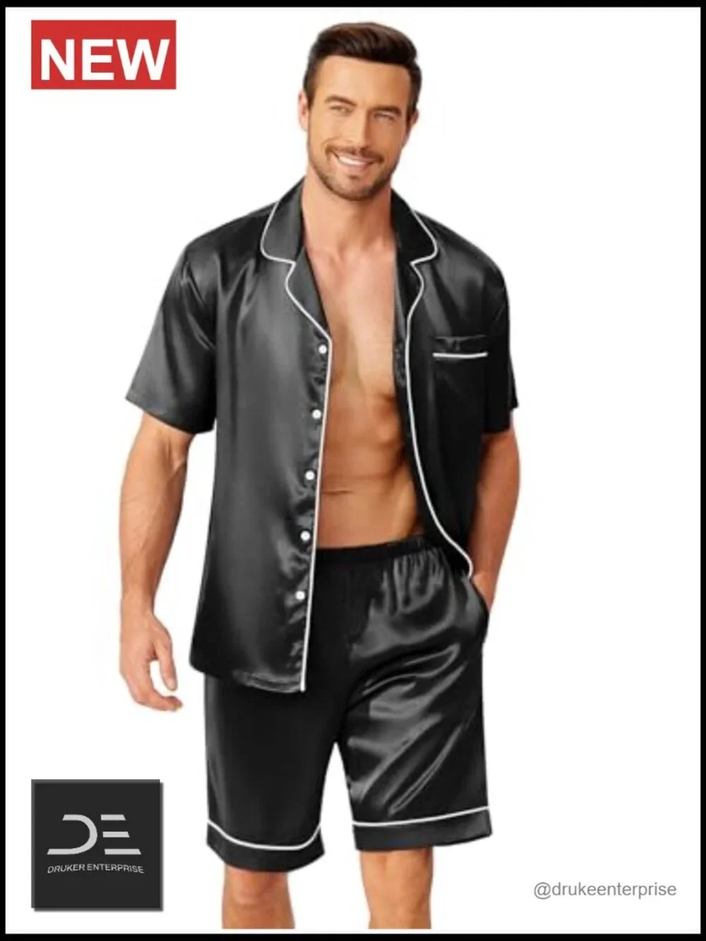 Men's Silk Satin Pajama Set Short Sleeve Button Down 2 Piece with Pockets